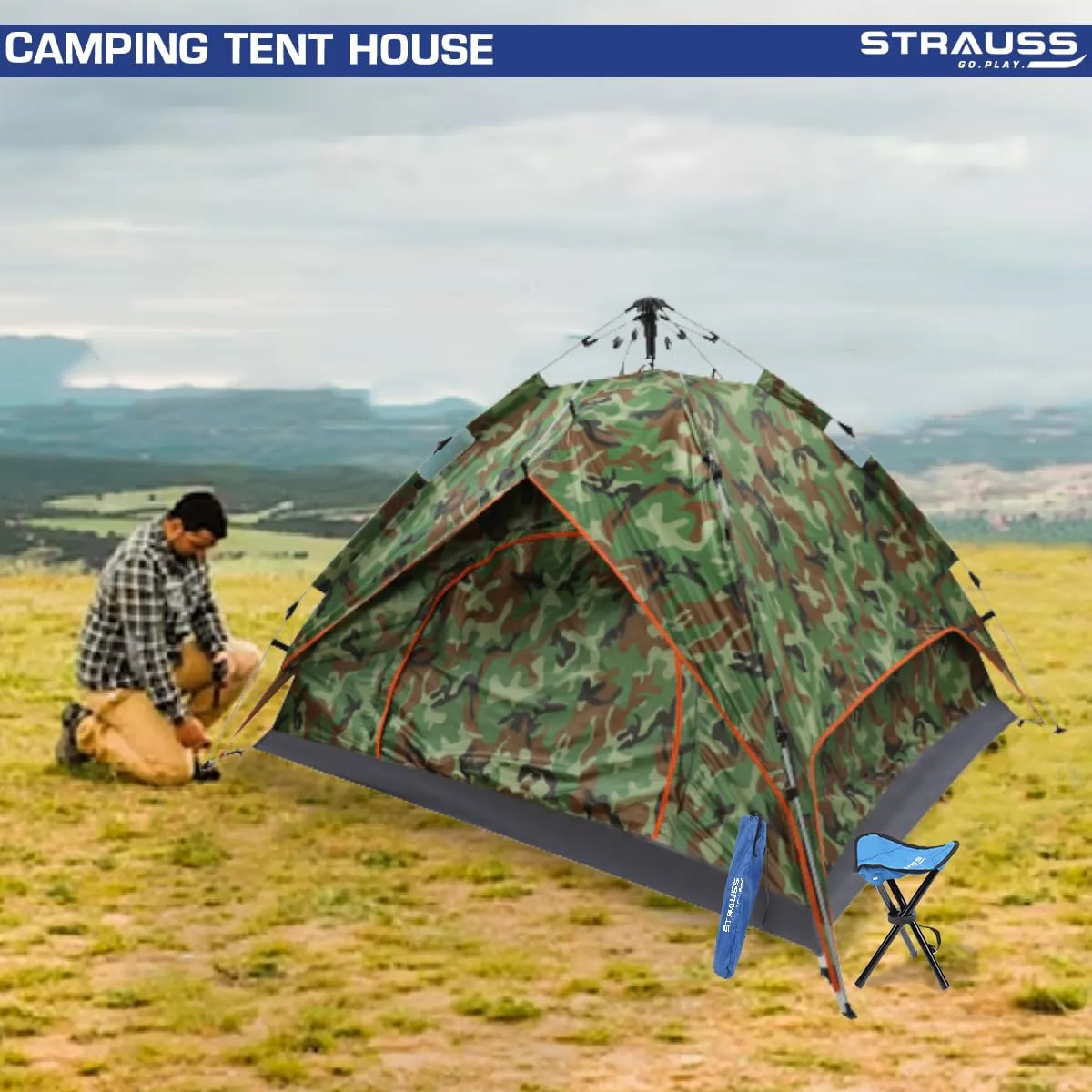 STRAUSS Portable Tent: Outdoor Shelter with Waterproof, Easy Setup | Ideal for 4 Persons | Military Color