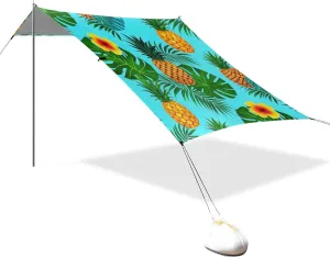 Summer Pineapple Palm Flower Blue Designed UPF50 Foldable Beach Cabana Water-Resistant Portable Sun Shelter with Carrying Bag for Camping, Picnics, Backyard casitas de Playa para cubrir del