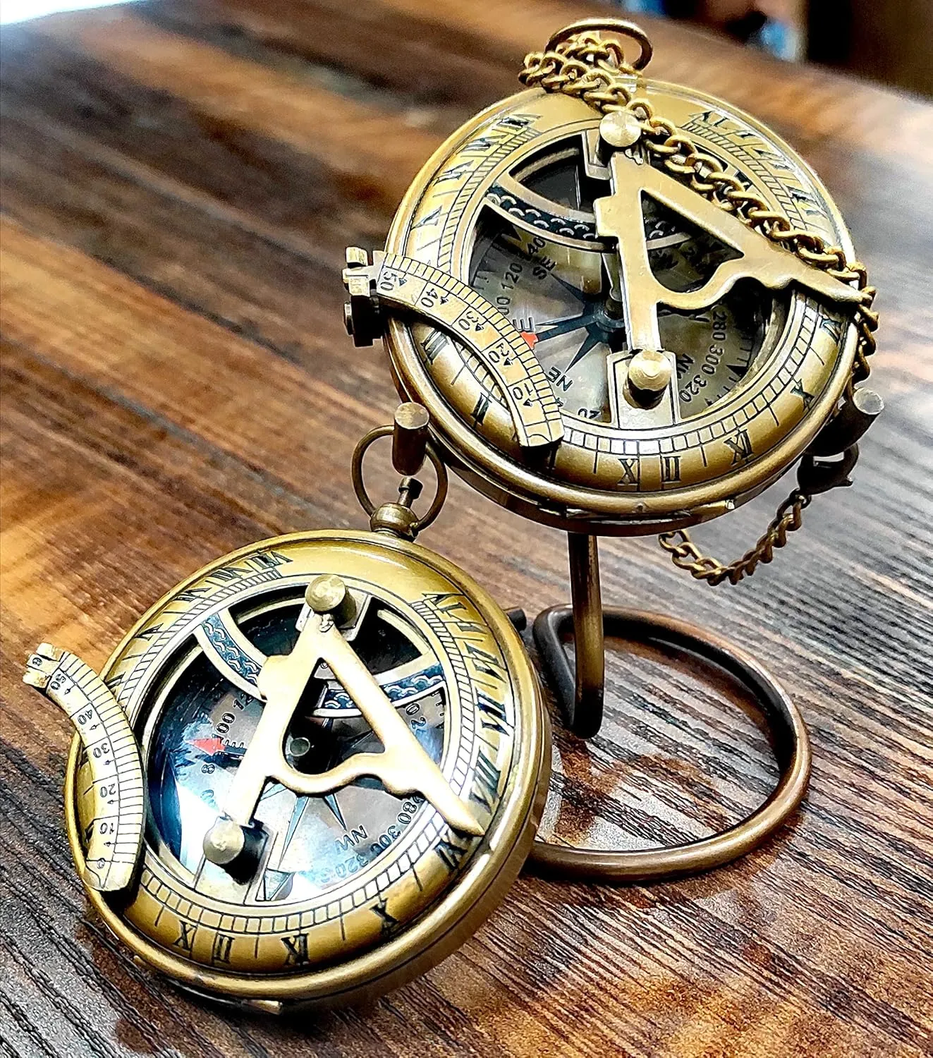 Sundial Compass 3'' with Display Stand OR Leather case-Perfect Desk Accessory & Nautical Collection Push Open Compass Antique Finish-Sundial Gifts for Birthdays,Mothers Day etc.