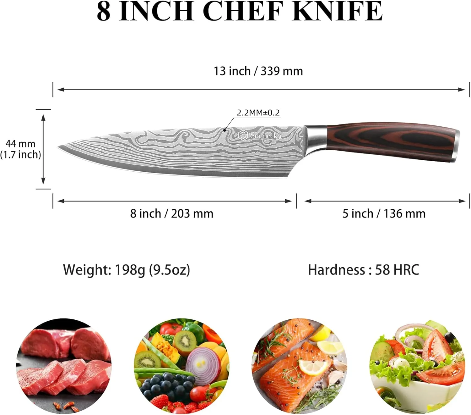 Sunnecko Chef Knife 8 inch,High Carbon Stainless Steel Kitchen Knife,Ultra Sharp Gyutou Cutting Knife with Sheath and Gift Box for Family & Restaurant