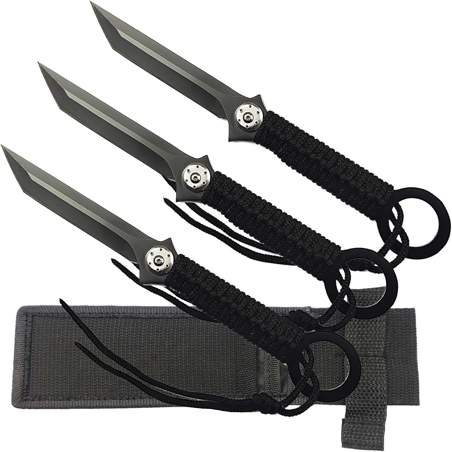 Survival Special Fixed Blade Knife 3pcs with Nylon Sheath, Black Rope Handle