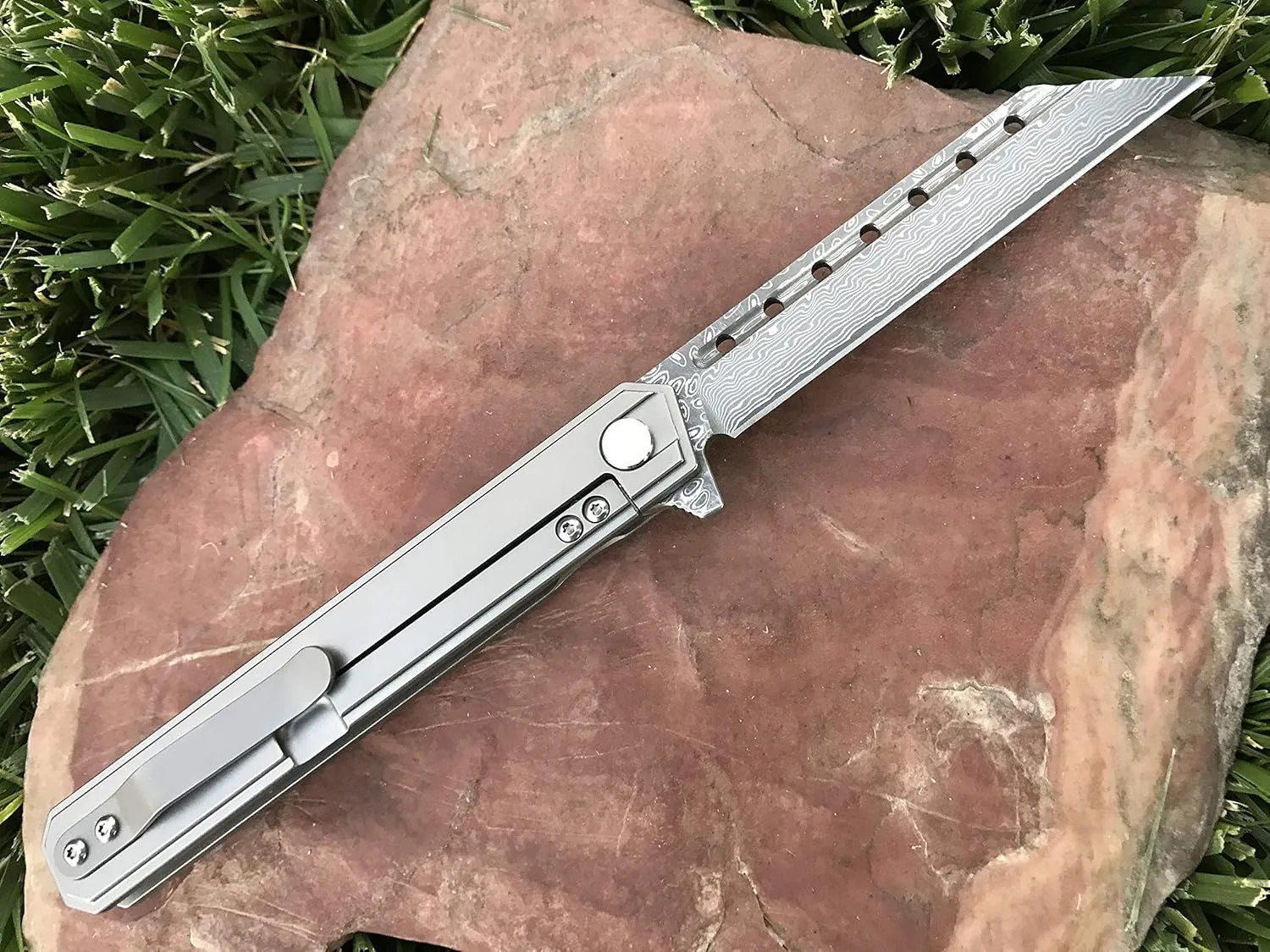 TACTICAL GEARZ Damascus Pocket Knife for EDC, Solid Titanium Handle, 67 Multi-Layered Damascus Steel VG10 Tanto Blade, Includes Sheath (Onyx XT Platinum)