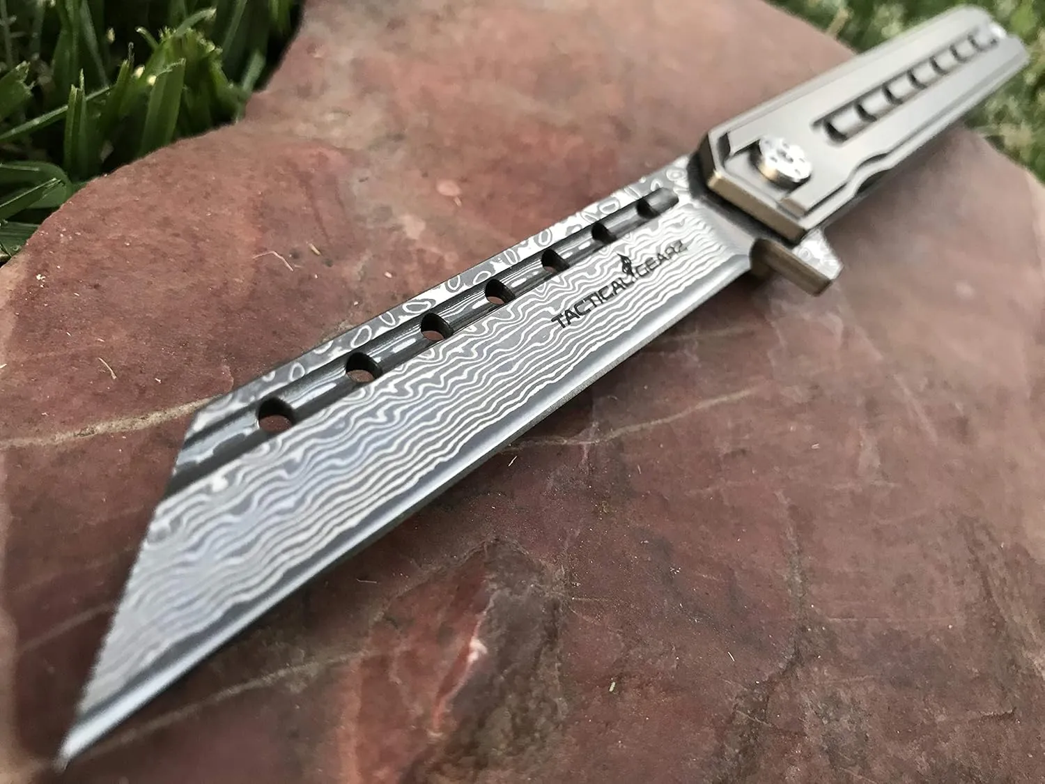 TACTICAL GEARZ Damascus Pocket Knife for EDC, Solid Titanium Handle, 67 Multi-Layered Damascus Steel VG10 Tanto Blade, Includes Sheath (Onyx XT Platinum)
