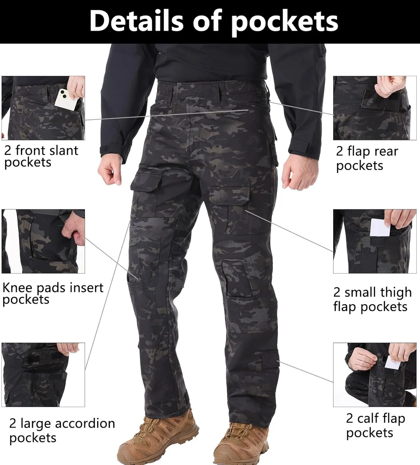 Tactical Pants for Men Water Resistant Hiking Pants Camo Cargo Pants with 10 Pockets No Belt and Kneepad