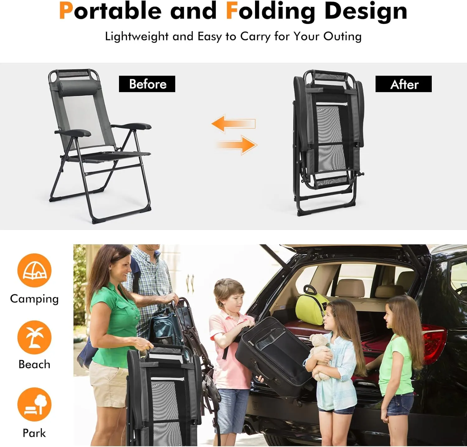 Tangkula Folding Patio Dining Chairs Set of 4, Portable Patio Chairs with 7 Level Adjustable Backrest, Detachable Headrest, Wide Seats, Breathable Mesh Backrest, Outdoor Sling Chairs, 300 Lbs Capacity