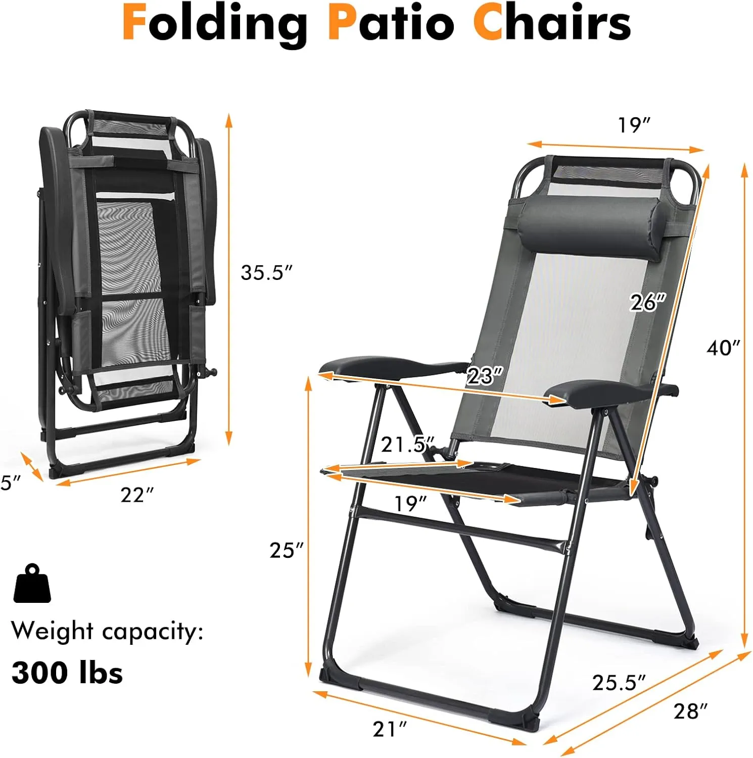 Tangkula Folding Patio Dining Chairs Set of 4, Portable Patio Chairs with 7 Level Adjustable Backrest, Detachable Headrest, Wide Seats, Breathable Mesh Backrest, Outdoor Sling Chairs, 300 Lbs Capacity