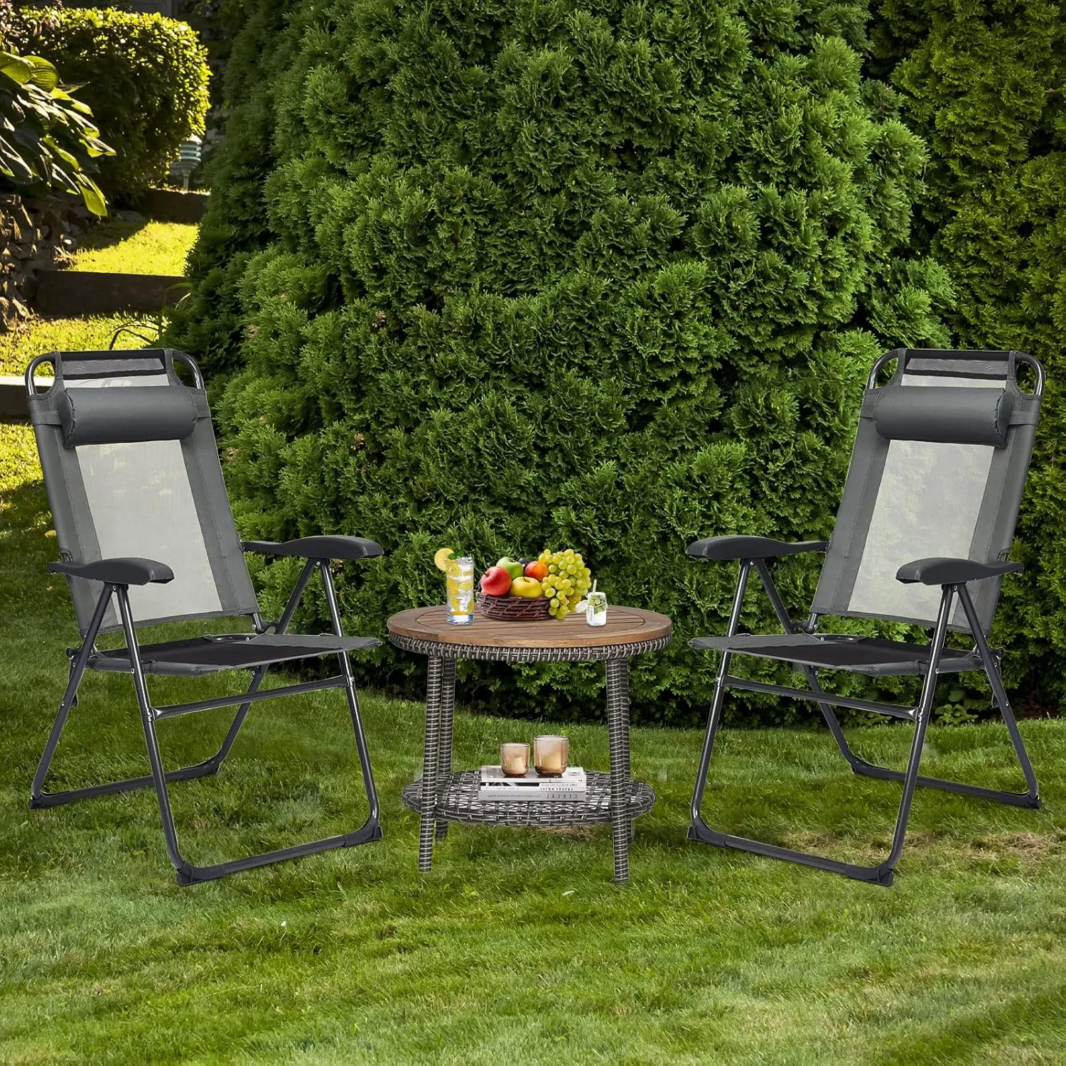 Tangkula Folding Patio Dining Chairs Set of 4, Portable Patio Chairs with 7 Level Adjustable Backrest, Detachable Headrest, Wide Seats, Breathable Mesh Backrest, Outdoor Sling Chairs, 300 Lbs Capacity