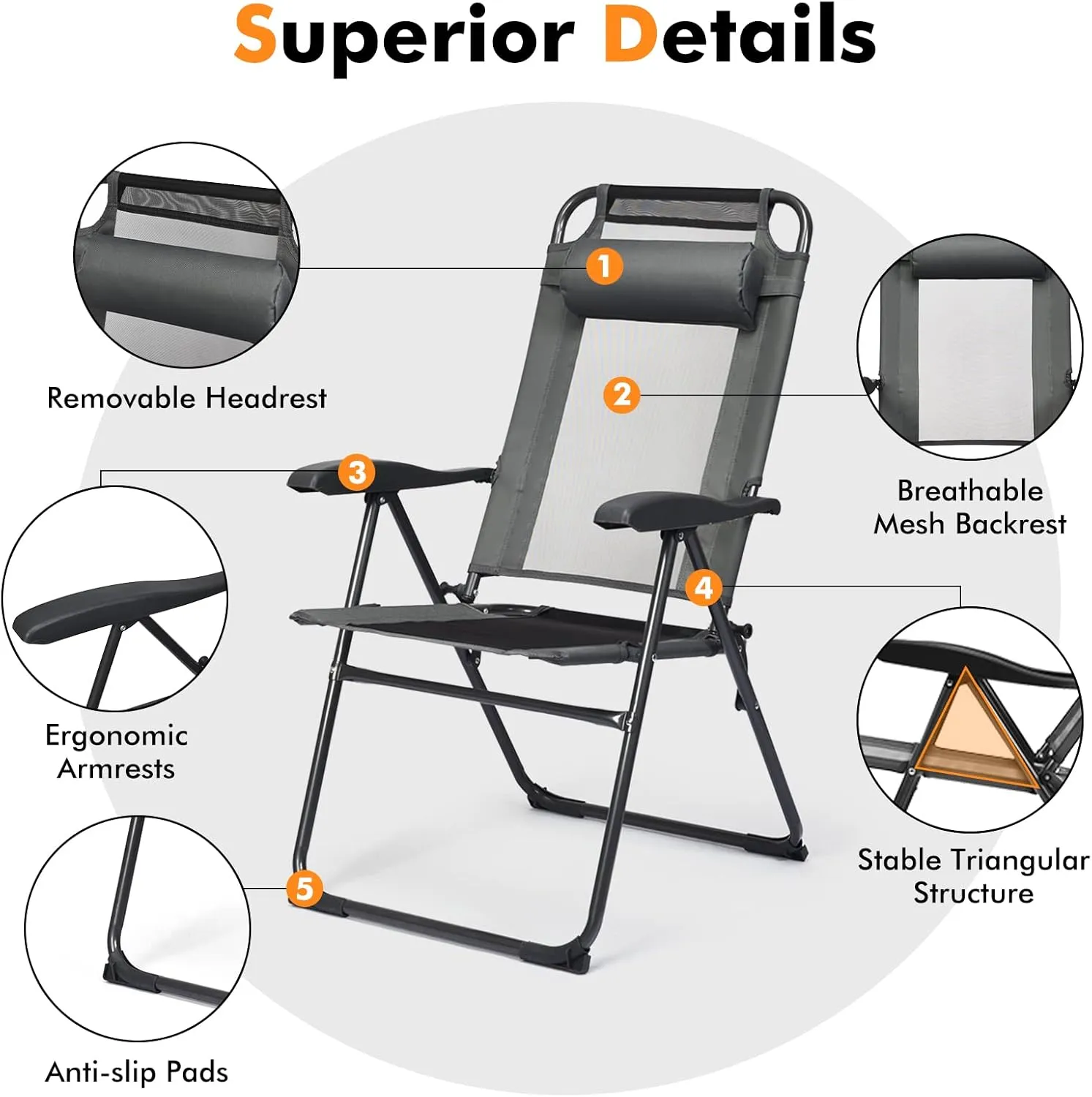 Tangkula Folding Patio Dining Chairs Set of 4, Portable Patio Chairs with 7 Level Adjustable Backrest, Detachable Headrest, Wide Seats, Breathable Mesh Backrest, Outdoor Sling Chairs, 300 Lbs Capacity