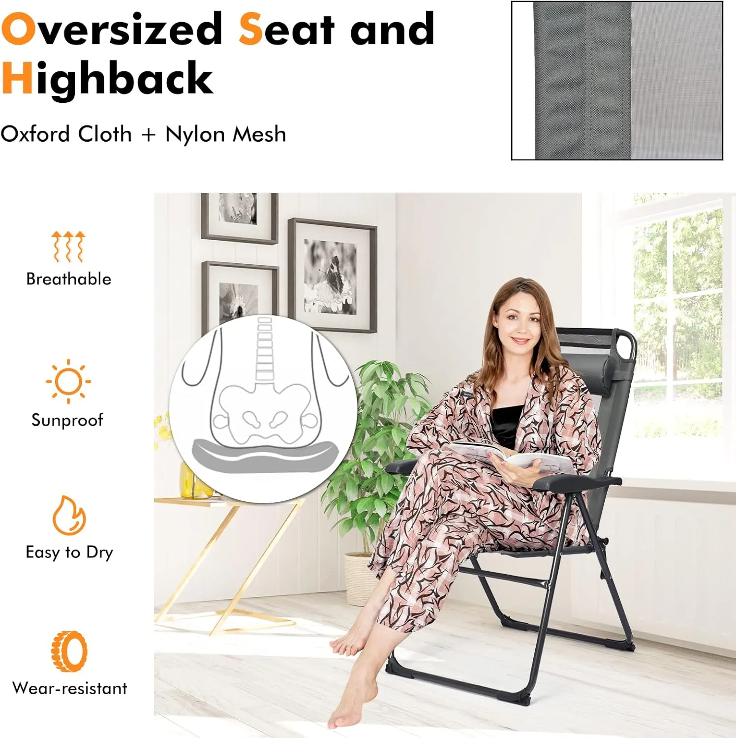 Tangkula Folding Patio Dining Chairs Set of 4, Portable Patio Chairs with 7 Level Adjustable Backrest, Detachable Headrest, Wide Seats, Breathable Mesh Backrest, Outdoor Sling Chairs, 300 Lbs Capacity