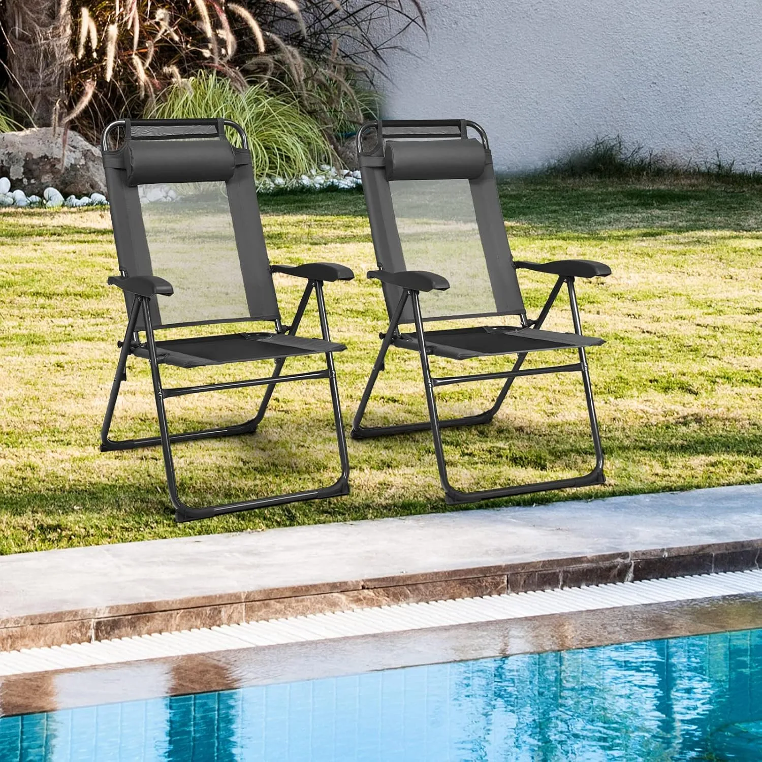 Tangkula Folding Patio Dining Chairs Set of 4, Portable Patio Chairs with 7 Level Adjustable Backrest, Detachable Headrest, Wide Seats, Breathable Mesh Backrest, Outdoor Sling Chairs, 300 Lbs Capacity