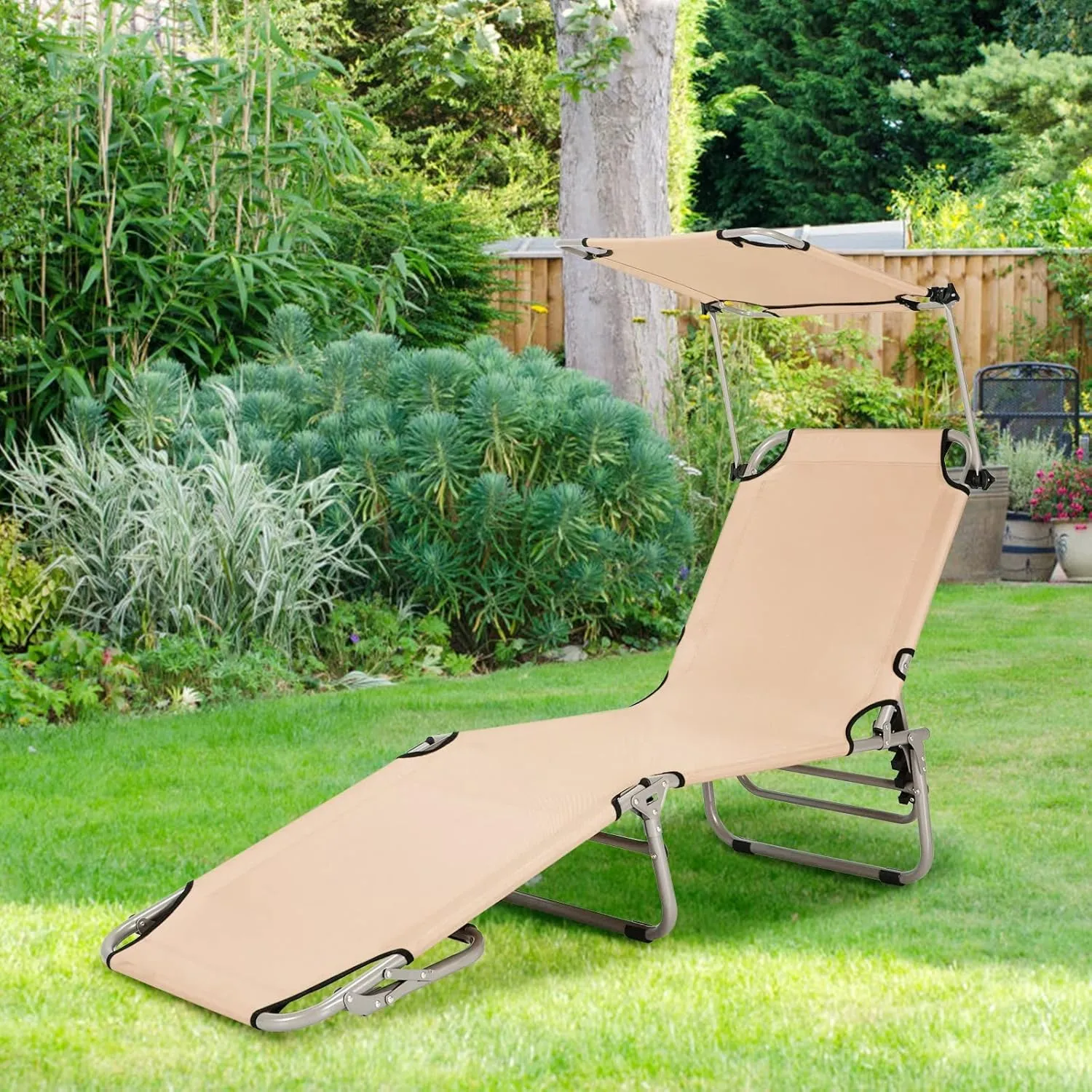 Tangkula Outdoor Folding Chaise Lounge Chair, 5-Fold Reclining Beach Chair, Patio Recliner Chair w/ 360° Canopy Shade & Side Storage Pocket, Portable Chaise Lounge for Beach, Sunbathing (1, Beige)