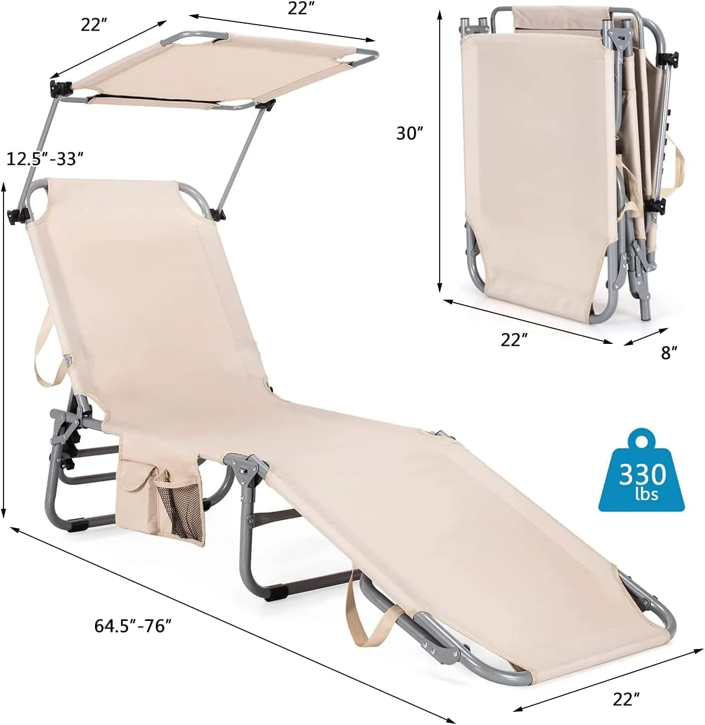 Tangkula Outdoor Folding Chaise Lounge Chair, 5-Fold Reclining Beach Chair, Patio Recliner Chair w/ 360° Canopy Shade & Side Storage Pocket, Portable Chaise Lounge for Beach, Sunbathing (1, Beige)