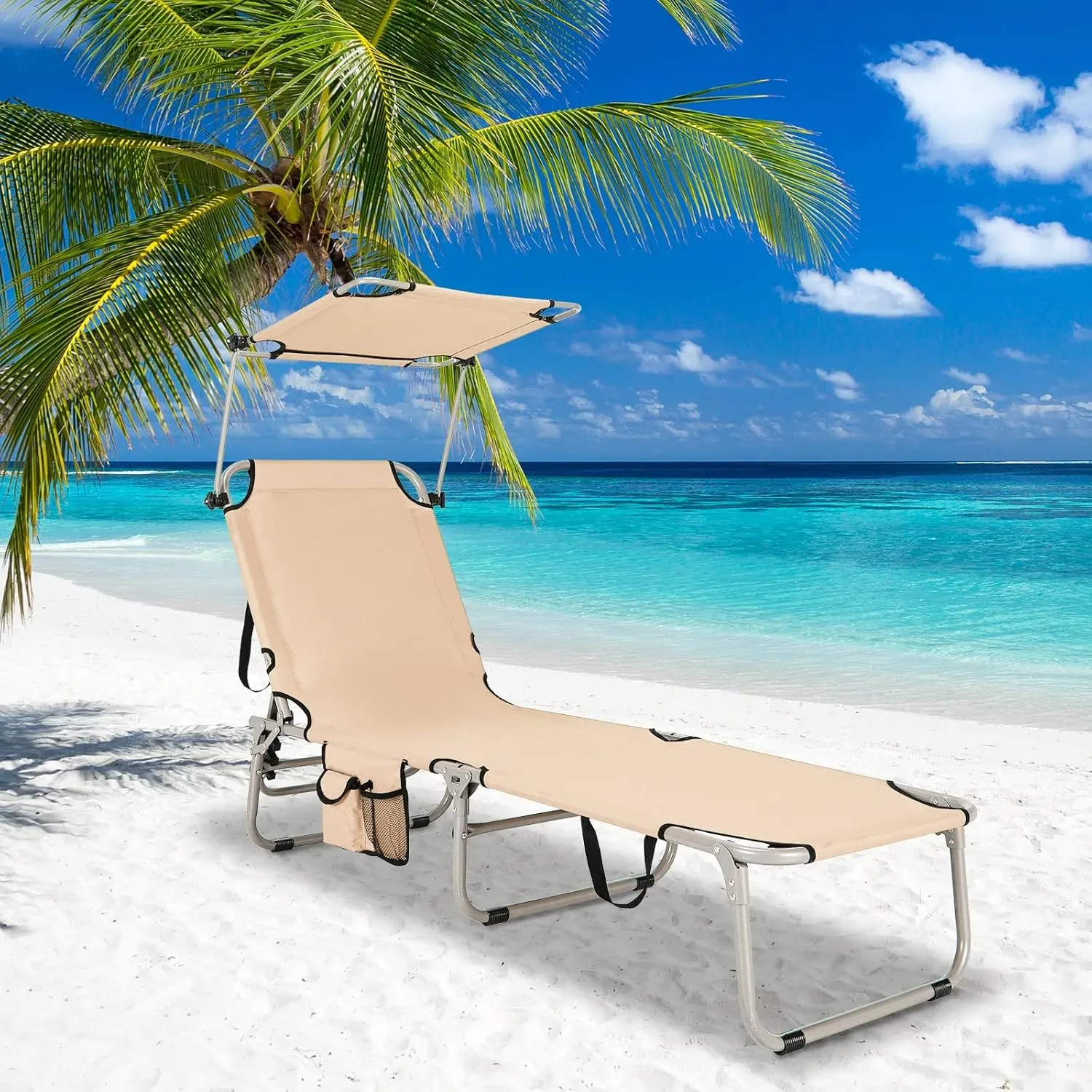 Tangkula Outdoor Folding Chaise Lounge Chair, 5-Fold Reclining Beach Chair, Patio Recliner Chair w/ 360° Canopy Shade & Side Storage Pocket, Portable Chaise Lounge for Beach, Sunbathing (1, Beige)
