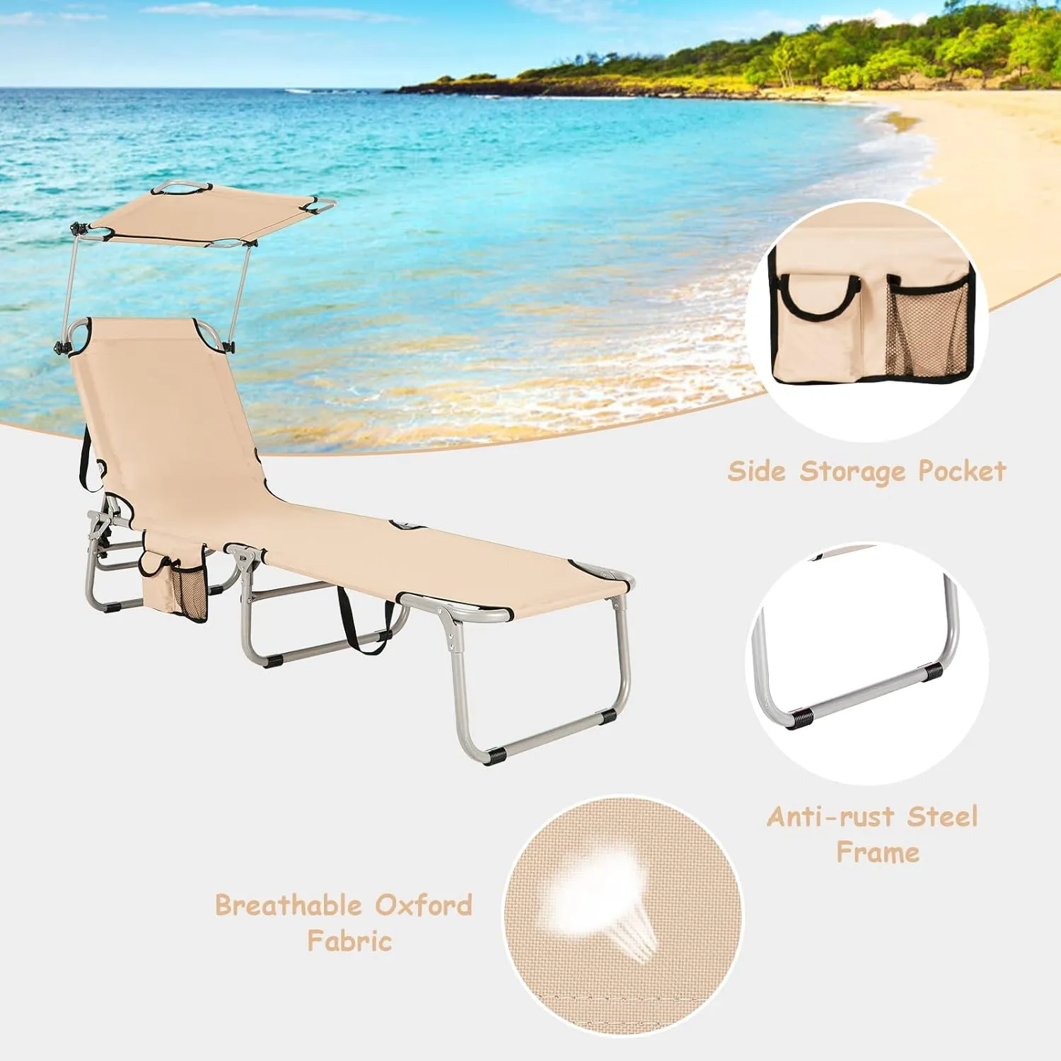Tangkula Outdoor Folding Chaise Lounge Chair, 5-Fold Reclining Beach Chair, Patio Recliner Chair w/ 360° Canopy Shade & Side Storage Pocket, Portable Chaise Lounge for Beach, Sunbathing (1, Beige)