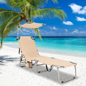 Tangkula Outdoor Folding Chaise Lounge Chair, 5-Fold Reclining Beach Chair, Patio Recliner Chair w/ 360° Canopy Shade & Side Storage Pocket, Portable Chaise Lounge for Beach, Sunbathing (1, Beige)