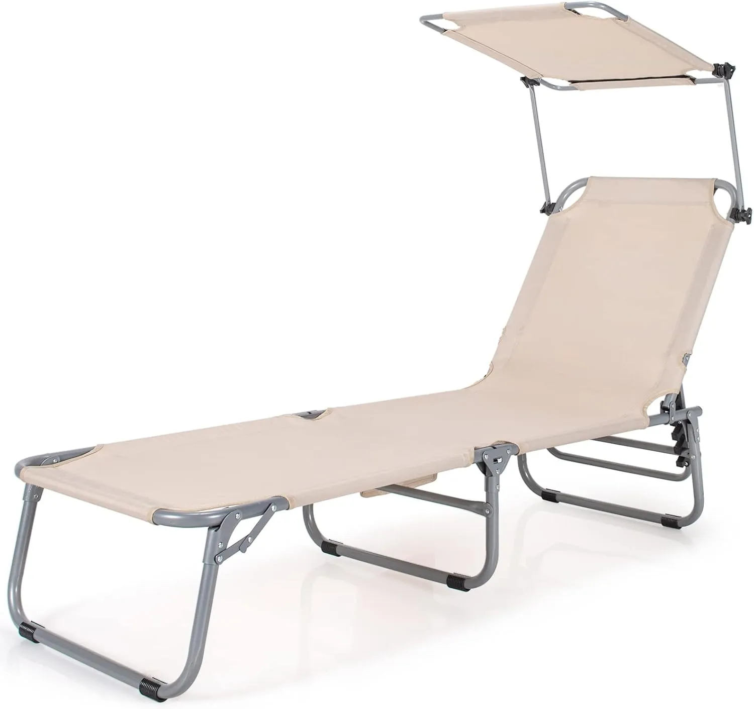 Tangkula Outdoor Folding Chaise Lounge Chair, 5-Fold Reclining Beach Chair, Patio Recliner Chair w/ 360° Canopy Shade & Side Storage Pocket, Portable Chaise Lounge for Beach, Sunbathing (1, Beige)