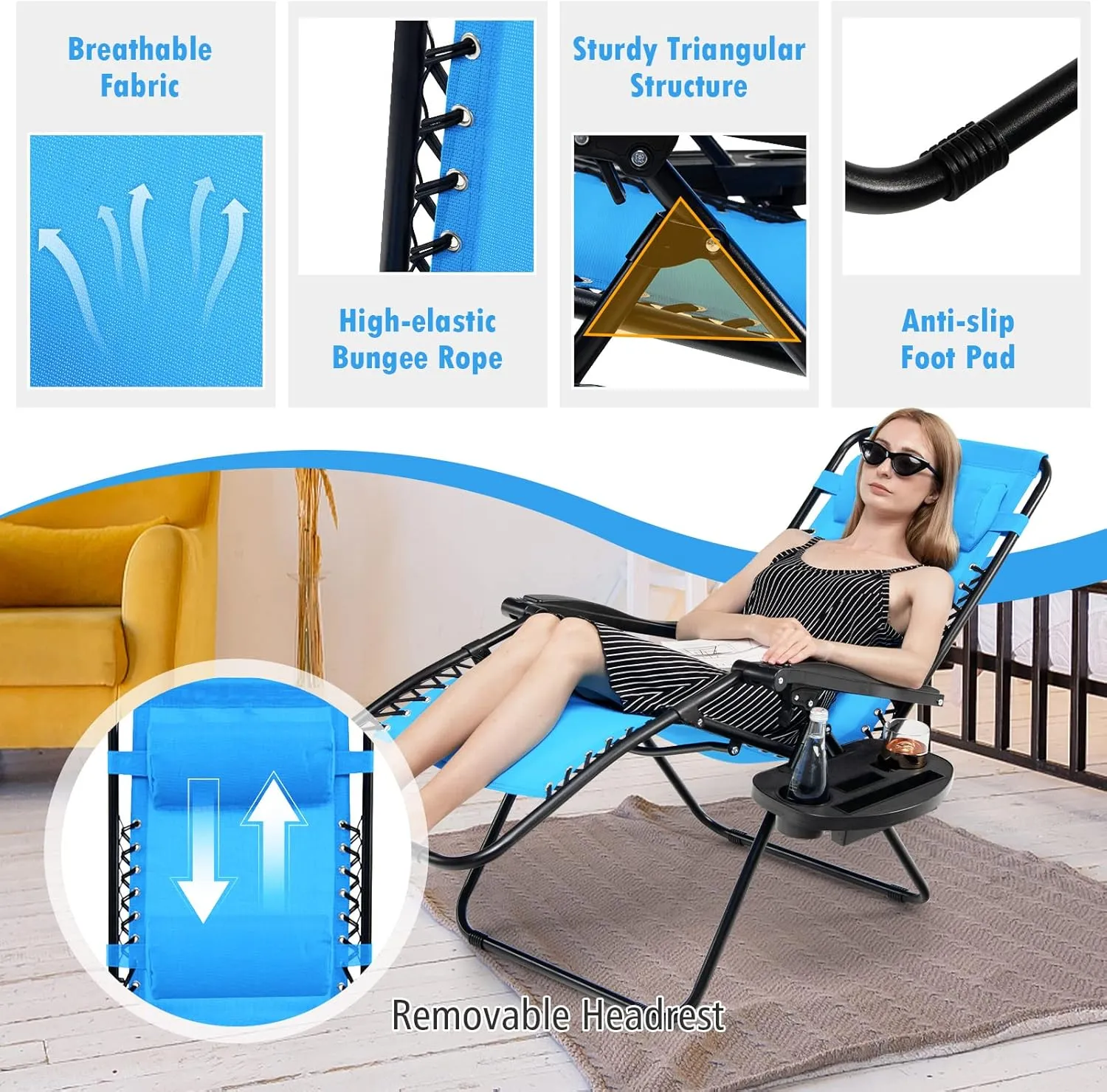 Tangkula Zero Gravity Chair, Folding Patio Lounge Chair Adjustable Outdoor Recliner with Cup Holder, Wide Armrest for Patio Garden Poolside Outdoor Yard Beach, Support 350 lbs (1, Blue)