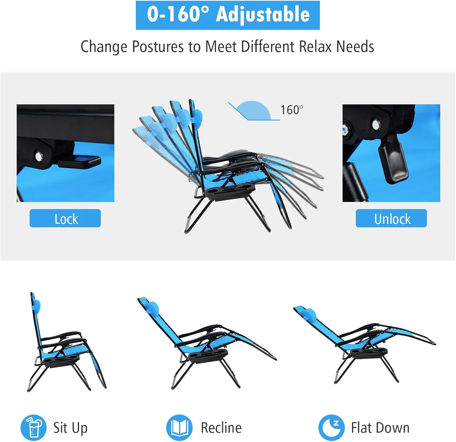 Tangkula Zero Gravity Chair, Folding Patio Lounge Chair Adjustable Outdoor Recliner with Cup Holder, Wide Armrest for Patio Garden Poolside Outdoor Yard Beach, Support 350 lbs (1, Blue)