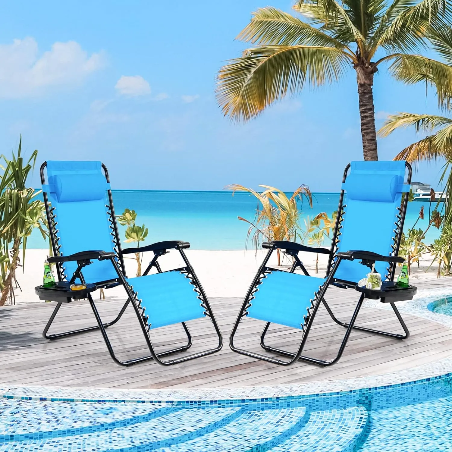 Tangkula Zero Gravity Chair, Folding Patio Lounge Chair Adjustable Outdoor Recliner with Cup Holder, Wide Armrest for Patio Garden Poolside Outdoor Yard Beach, Support 350 lbs (1, Blue)