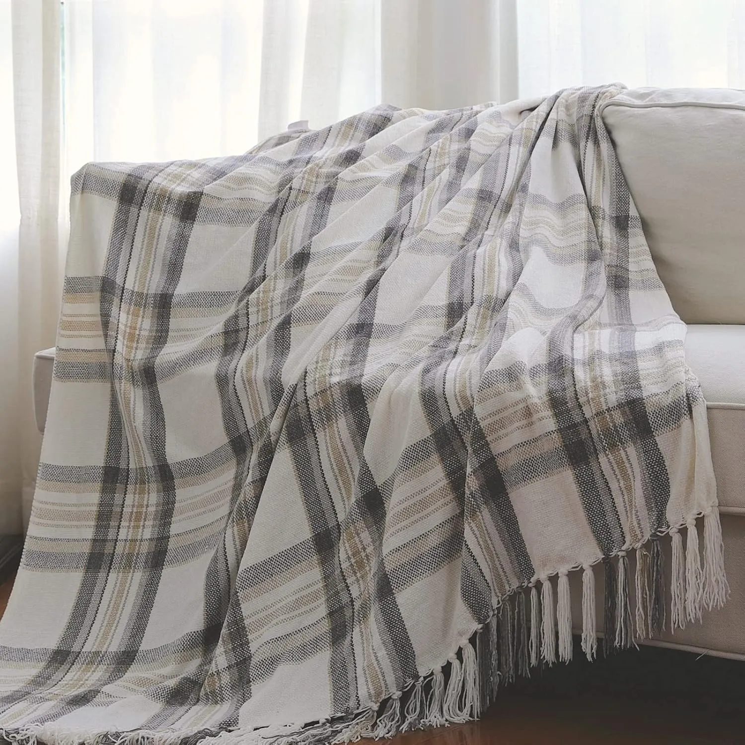 Taupe Grey and White Plaid Decor Tartan Blanket, Lightweight Soft Chenille Striped Knitted Rustic Farmhouse Throw with Tassels for Couch Sofa Chair Bed Office Home, 60" x 80"