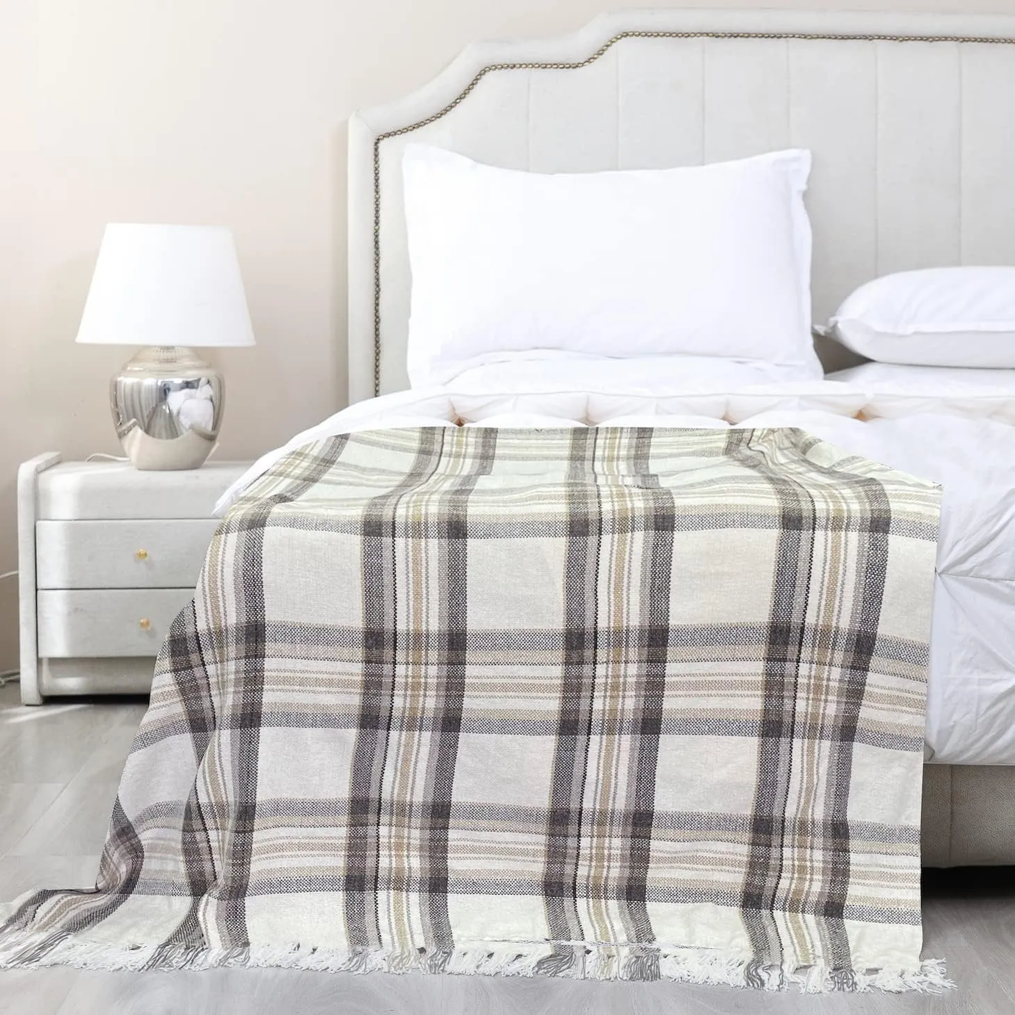 Taupe Grey and White Plaid Decor Tartan Blanket, Lightweight Soft Chenille Striped Knitted Rustic Farmhouse Throw with Tassels for Couch Sofa Chair Bed Office Home, 60" x 80"