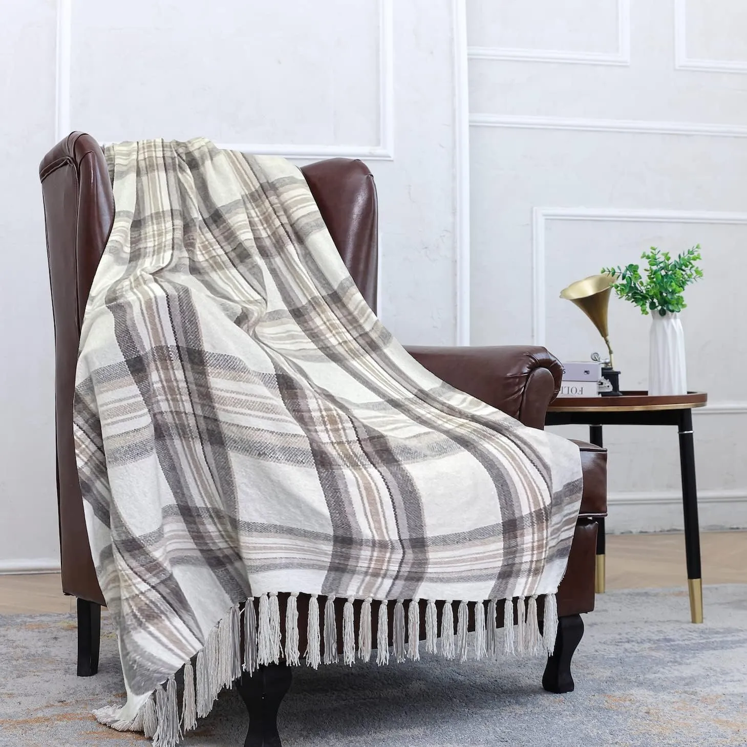 Taupe Grey and White Plaid Decor Tartan Blanket, Lightweight Soft Chenille Striped Knitted Rustic Farmhouse Throw with Tassels for Couch Sofa Chair Bed Office Home, 60" x 80"