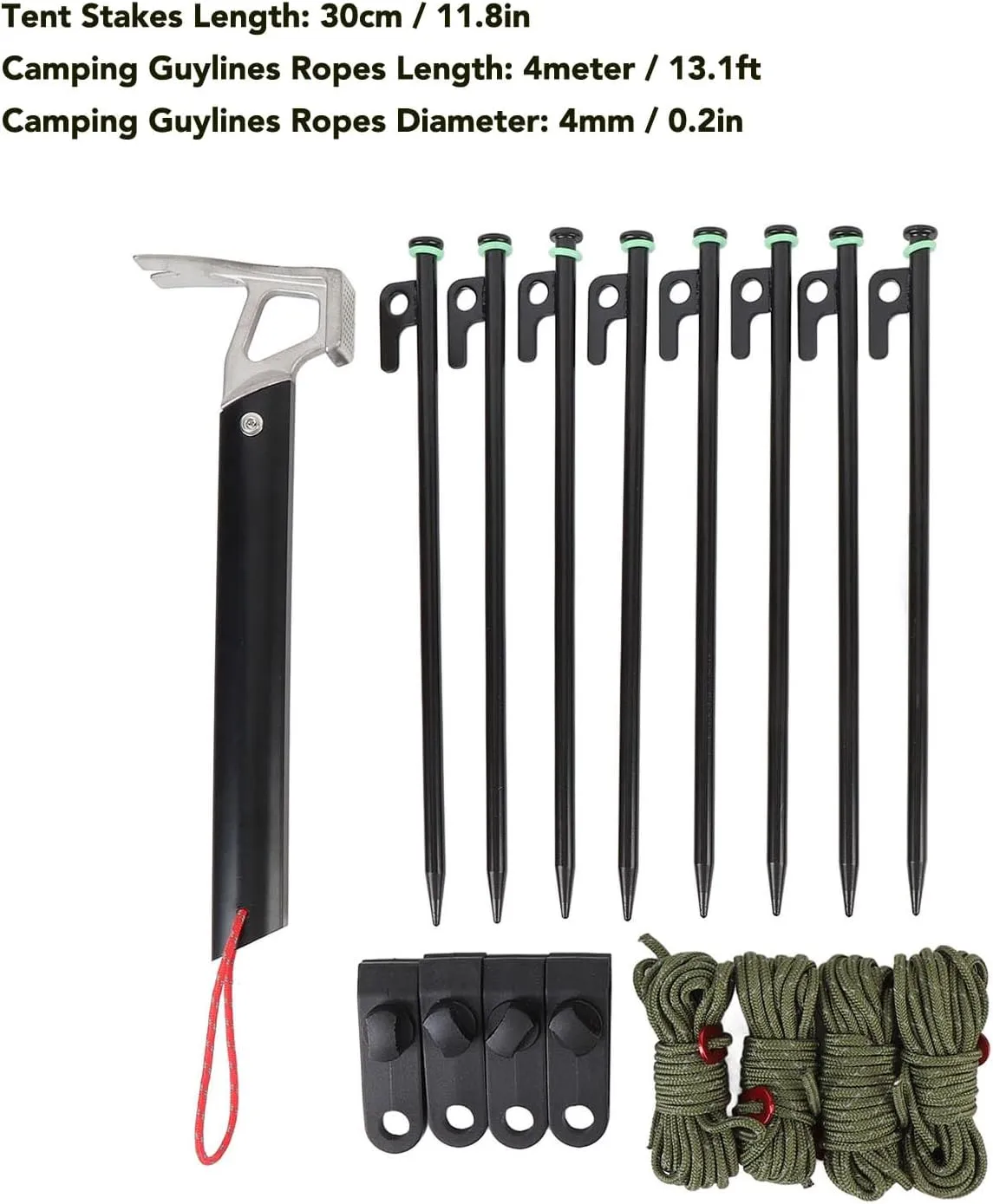 Tent Camping Stakes 30cm with 4mm Outdoor Guy Lines Tent Cords with Camping Hammer and Storage Bag Canopy Clips Hammer for Gardening, Hiking, Outdoor Tenting Activities (Khaki)