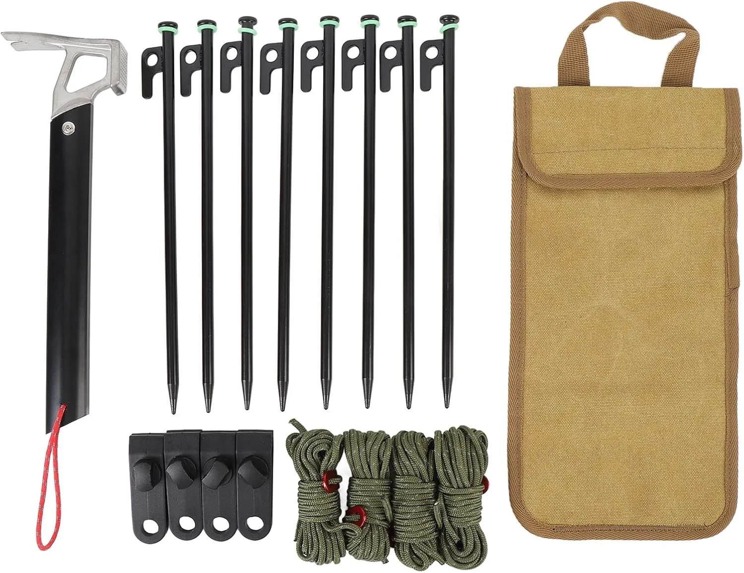 Tent Camping Stakes 30cm with 4mm Outdoor Guy Lines Tent Cords with Camping Hammer and Storage Bag Canopy Clips Hammer for Gardening, Hiking, Outdoor Tenting Activities (Khaki)