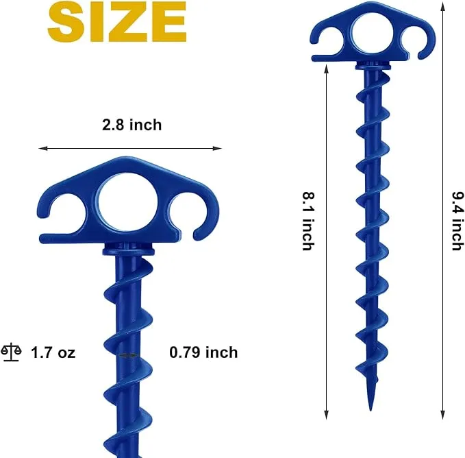 Tent Stakes Sand Stakes for Beach Tent Spiral Anchor Stakes 9.4 Inch Heavy Duty Screw Canopy Stakes for Camping, Hiking and More (16, Blue)