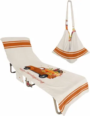 Thanksgiving Truck Pumpkin Turkey Chaise Lounger Cover with Pockets, Pool Lounge Chair Covers 85"x29", Orange Thin Line Burlap Textured Microfiber Beach Chair Cover for Patio Sunbathing