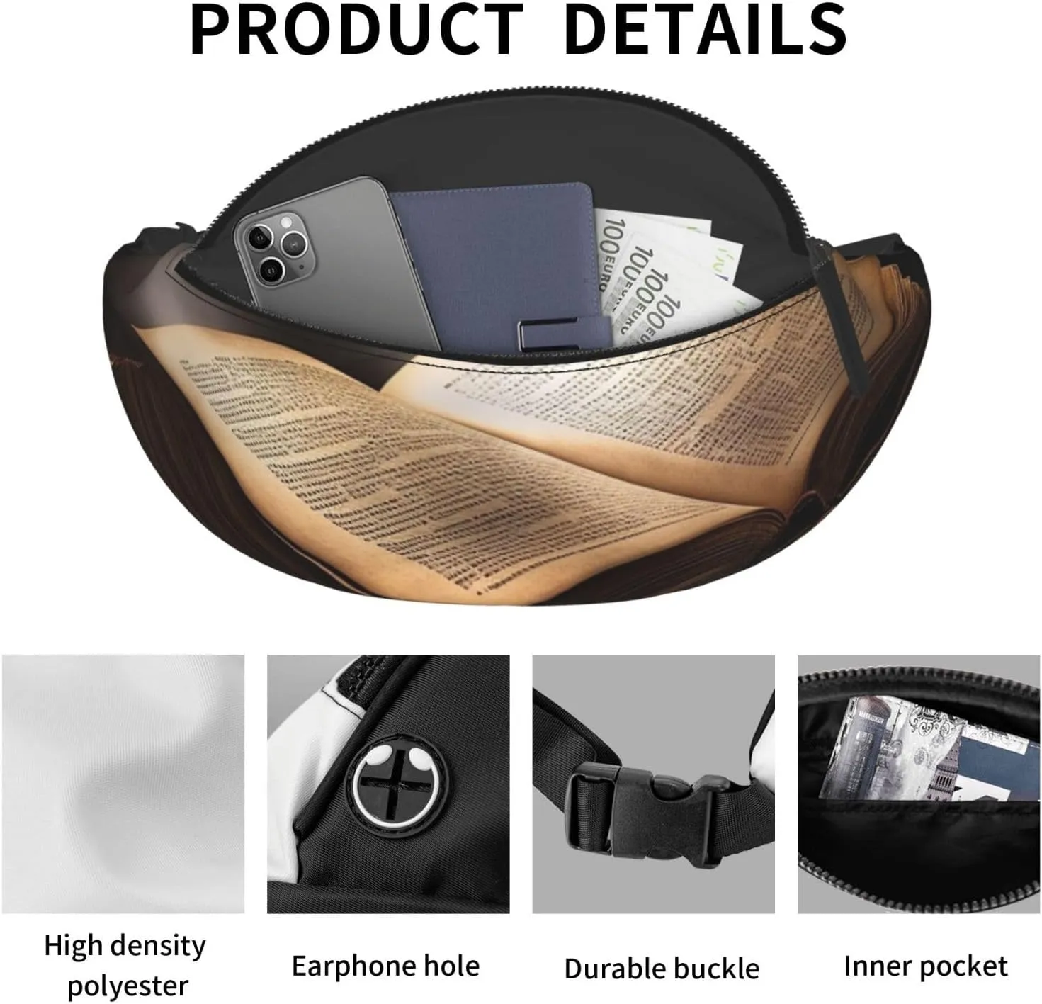 The Book Fanny Pack for Man Women Waist Bag Adjustable Belt Casual Chest Bag Bum Bags for Travel Sports Running Hiking Waist Packs