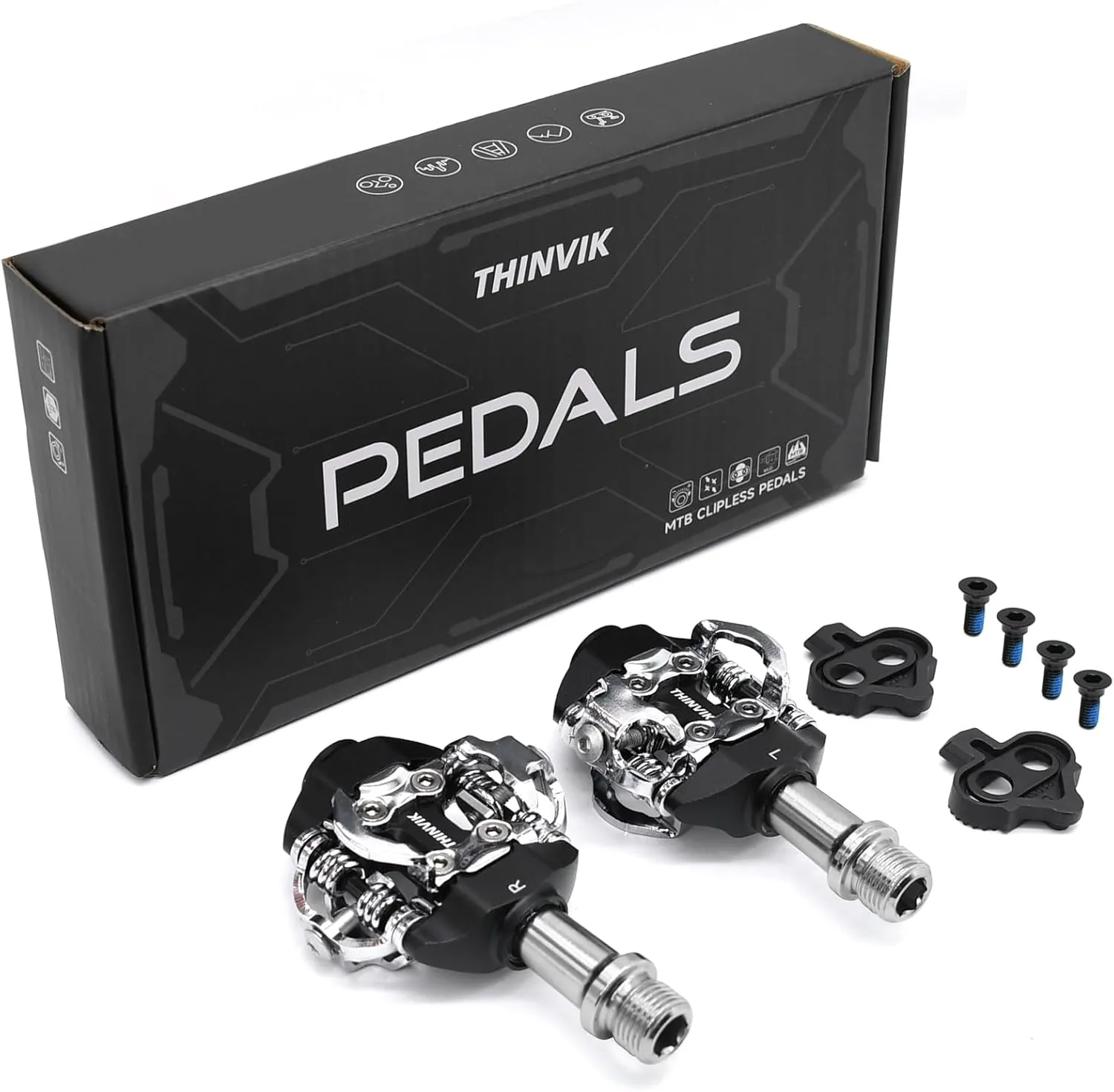THINVIK Pedals and Cleats for SPD Spin Bike Moutain Bike, Compatible with Shimano SPD System for 9/16'' Indoor/Fitness/Exercise/Peloton Bicycle/MTB