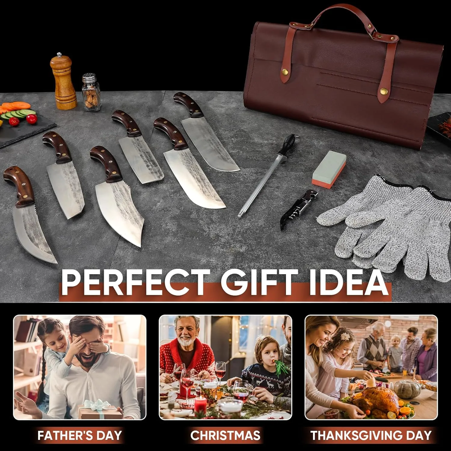 TIJERAS 14PCS Butcher Knife Set for Meat Cutting, Premium Japanese Chef Knife Set with Knife Bag, High Carbon Steel BBQ Knife Set Cooking Kitchen Knives Set for Father's Day Christmas Gift