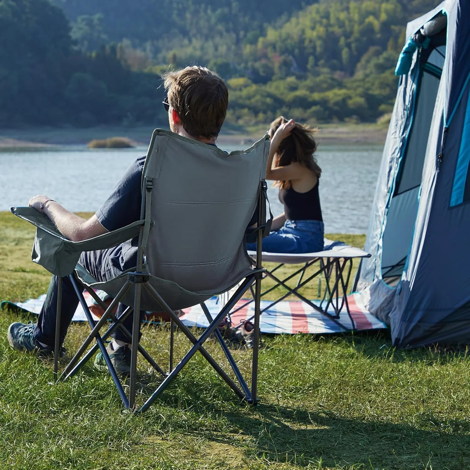 TIMBER RIDGE Oversized Folding Camping Chair for Adults, Support 550 LBS Heavy Duty with Cup Holder Side Pocket for Camping, Lawn, Picnic, Grey