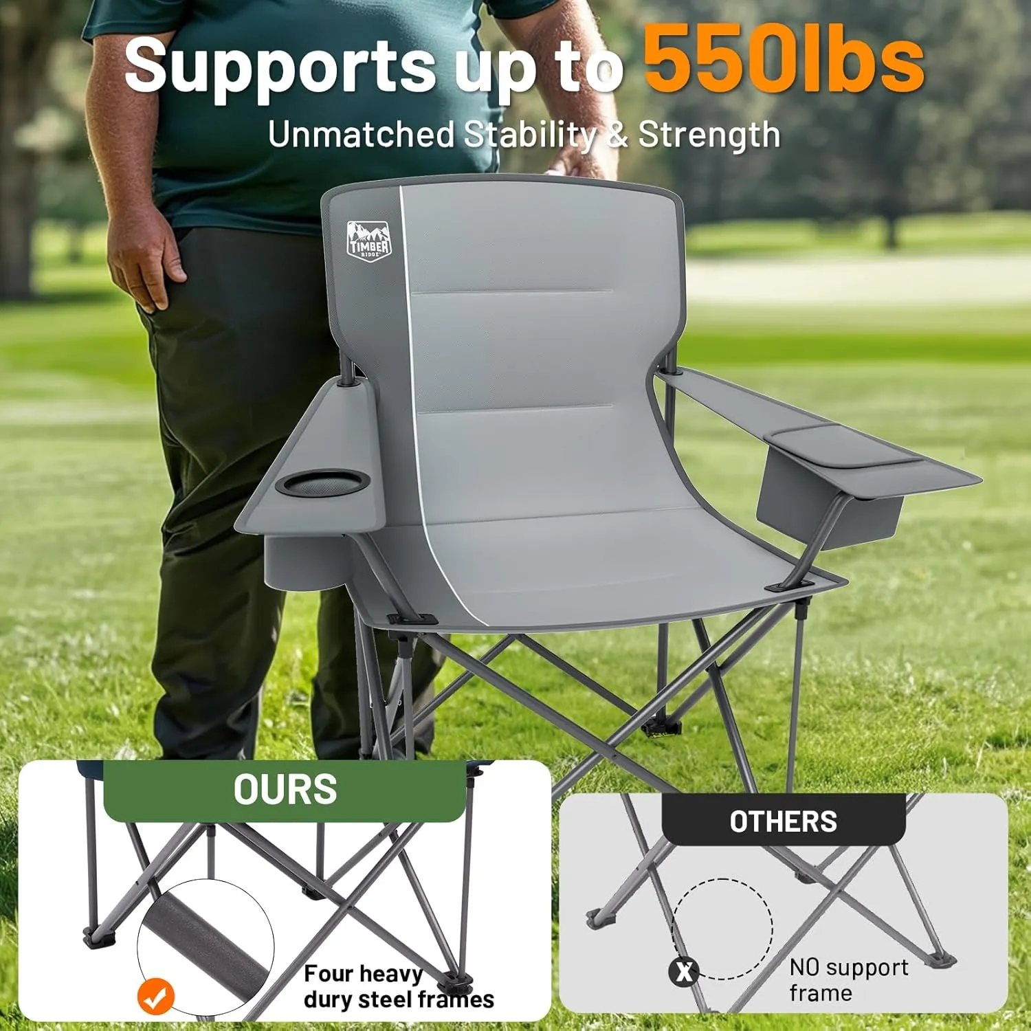 TIMBER RIDGE Oversized Folding Camping Chair for Adults, Support 550 LBS Heavy Duty with Cup Holder Side Pocket for Camping, Lawn, Picnic, Grey