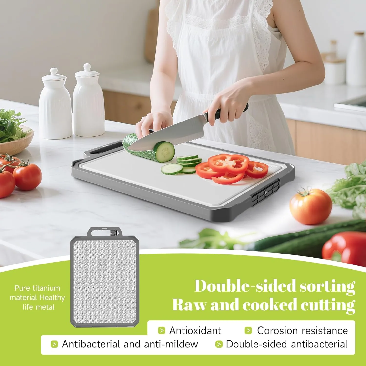 Titanium Cutting Board, Double Sided 17.2”×12” Non Toxic Chopping Board for Kitchen, Titanium and Wheat Straw PP, Food Grade, Non-Slip Silicone Edge, Scratch Resistant Mesh Design, Large Size