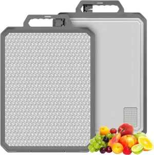 Titanium Cutting Board, Double Sided 17.2”×12” Non Toxic Chopping Board for Kitchen, Titanium and Wheat Straw PP, Food Grade, Non-Slip Silicone Edge, Scratch Resistant Mesh Design, Large Size