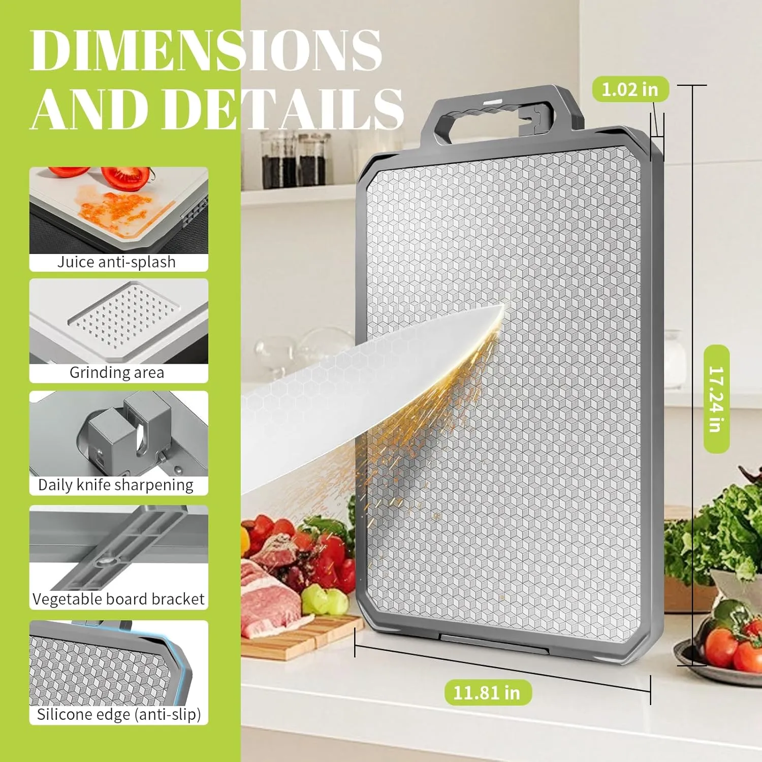 Titanium Cutting Board, Double Sided 17.2”×12” Non Toxic Chopping Board for Kitchen, Titanium and Wheat Straw PP, Food Grade, Non-Slip Silicone Edge, Scratch Resistant Mesh Design, Large Size