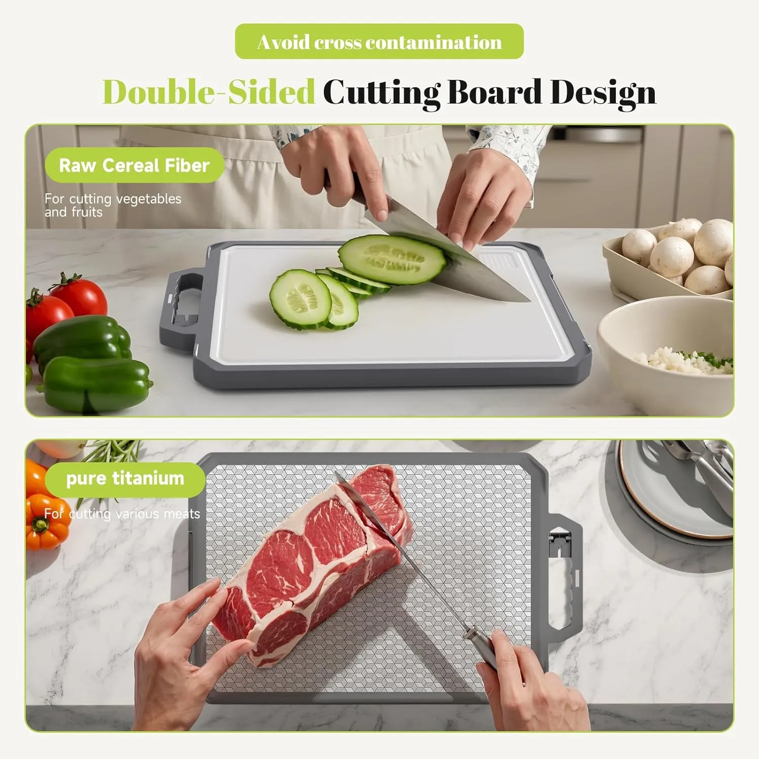 Titanium Cutting Board, Double Sided 17.2”×12” Non Toxic Chopping Board for Kitchen, Titanium and Wheat Straw PP, Food Grade, Non-Slip Silicone Edge, Scratch Resistant Mesh Design, Large Size