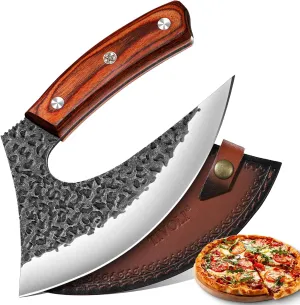 TIVOLI Japanese Ulu Knife with Sheath – Full Tang Rosewood Handle, Gift Box Included, Pizza Cutter & Salad Chopper for Mincing Meat and Herbs, Great for Outdoor Cooking and Birthday Gifts for Men