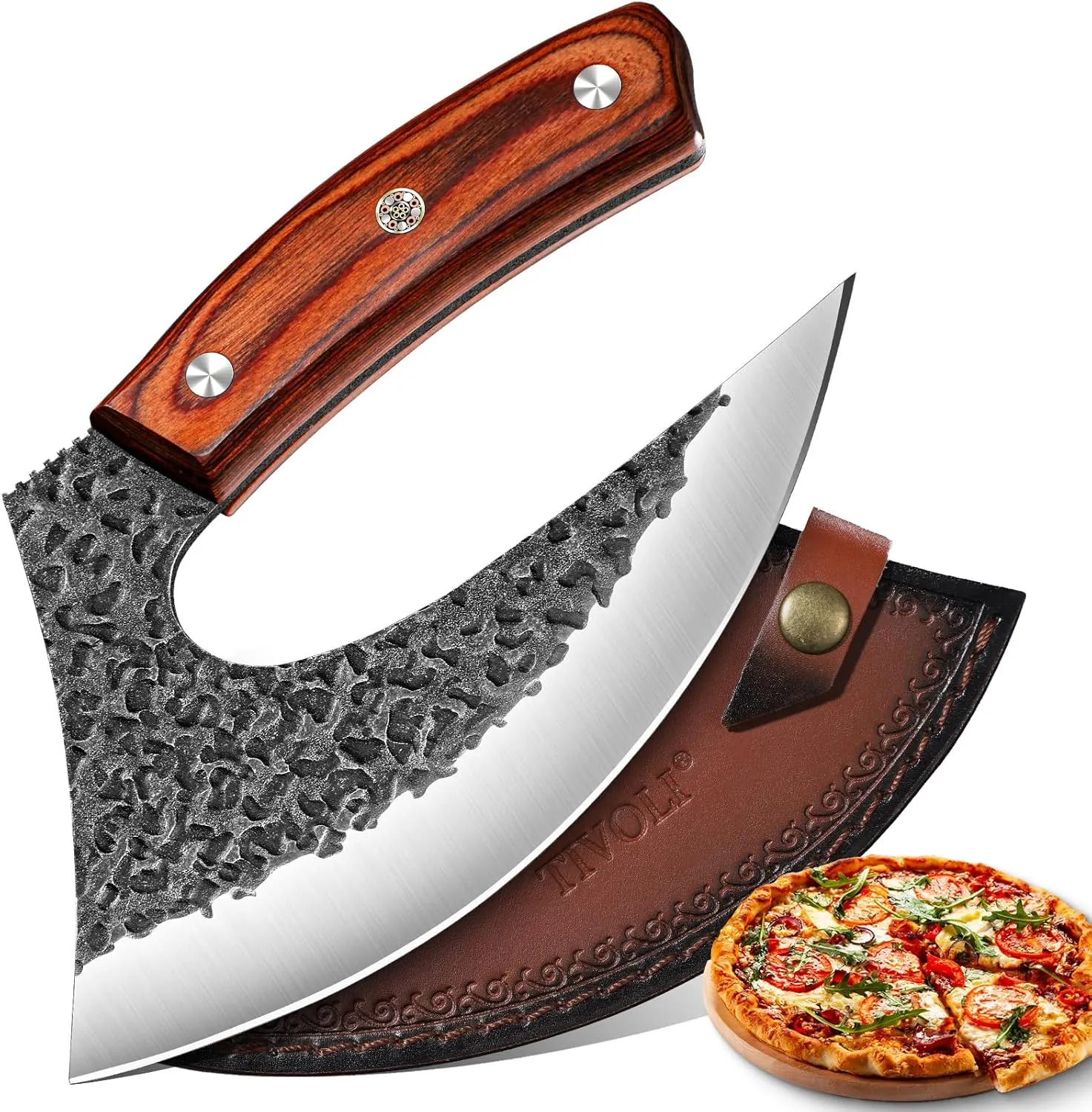 TIVOLI Japanese Ulu Knife with Sheath – Full Tang Rosewood Handle, Gift Box Included, Pizza Cutter & Salad Chopper for Mincing Meat and Herbs, Great for Outdoor Cooking and Birthday Gifts for Men