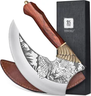 TIVOLI Ulu Knife 9-inch Pizza Cutter Axe, Viking Butcher Cleaver Knife, German 1.4116 Super Steel Rose Wooden Handle with Sheath & Box, Mincing Meat Vegetable Rocking Knife Birthday Gift Men Women