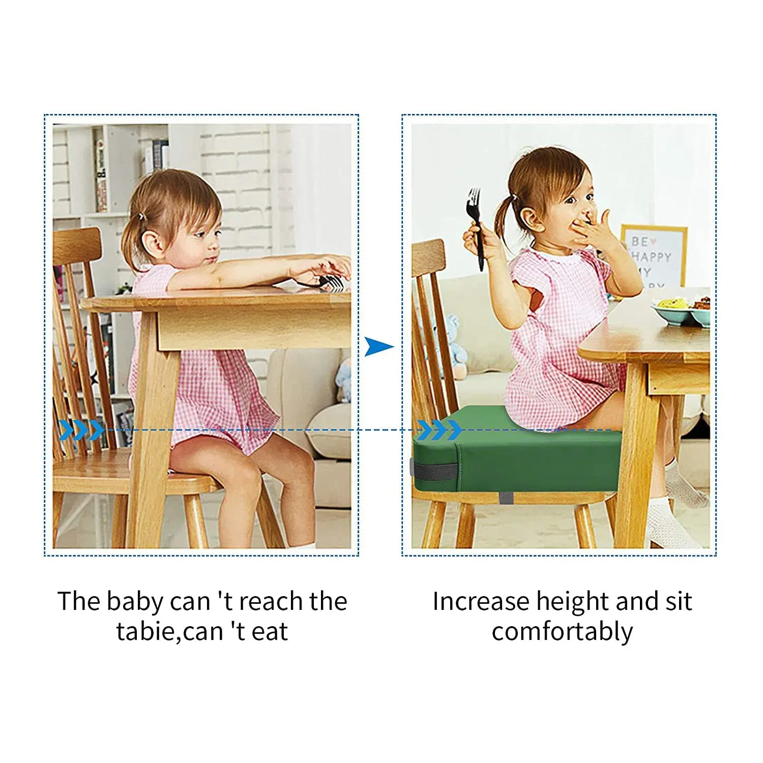 Toddler Booster Seat for Dining Table, PU Washable Double Safe Straps Non-Slip Bottom Booster Seat Dining Toddler, Portable Travel Increasing Cushion (Dark Green)