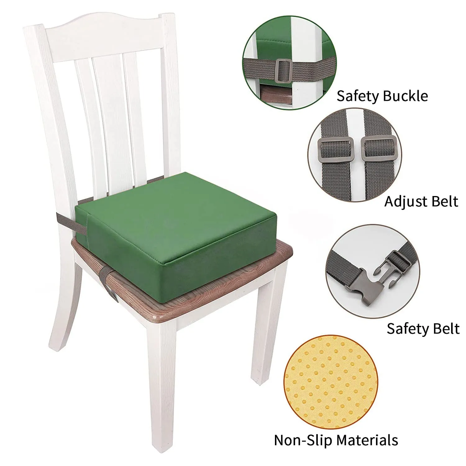 Toddler Booster Seat for Dining Table, PU Washable Double Safe Straps Non-Slip Bottom Booster Seat Dining Toddler, Portable Travel Increasing Cushion (Dark Green)