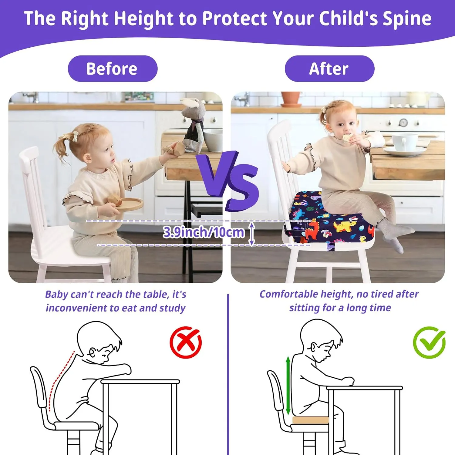 Toddler Booster Seat for Kitchen Chair, Non-Slip Kids Dining Table Booster Seat with Adjustable Safer Straps, Portable Baby Eating Travel Camping Increasing Cushion