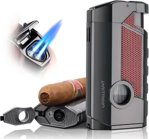 Torch Cigar Lighter with Triple Jet Flame, Built-in Cigar Punch & Cigar Holder, Cigar Gift for Christmas, Windproof Refillable Butane Torch Lighters for Men, Cool Lighters for Smoking, Outdoors