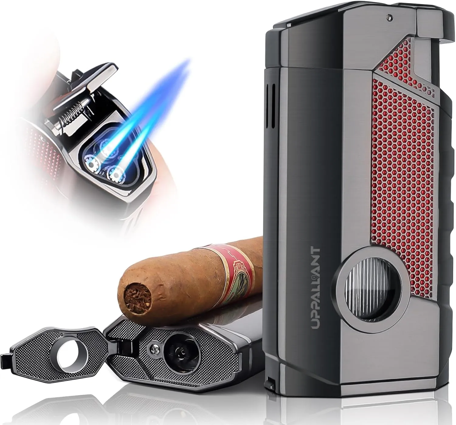 Torch Cigar Lighter with Triple Jet Flame, Built-in Cigar Punch & Cigar Holder, Cigar Gift for Christmas, Windproof Refillable Butane Torch Lighters for Men, Cool Lighters for Smoking, Outdoors