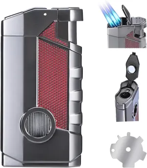 Torch Lighter, Refillable and Adjustable Flame Butane Torch Lighter,Windproof Triple Jet Flame Torch Lighter with Holder,Multi-Functional Lighter Accessory Premium Gift for Men