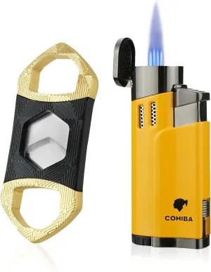 Torch Lighter with Punch 4 Jet Refillbale Lighters Windproof (Yellow 2)