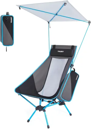 TOURIT Folding Beach Chair with Sunshade, Portable Camping Backpack Chair with Head Support, Low Profile, Lightweight High Back Design for Adults, UPF 50  Sun Protection, Supports 380 lbs, Black